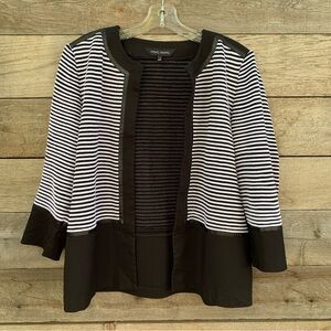 Ming Wang Cardigan Jacket Womens L Striped Open 3/4 Sleeve Faux Leather Trim